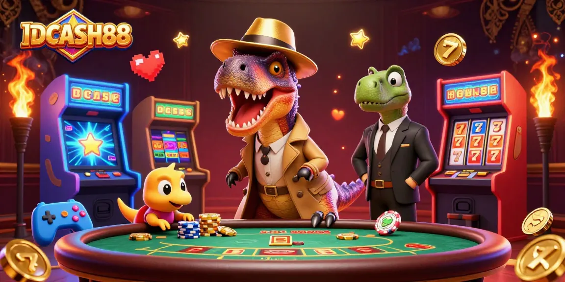 Play exciting casino games at IDCASH88 with a velociraptor card counter and animated elements.