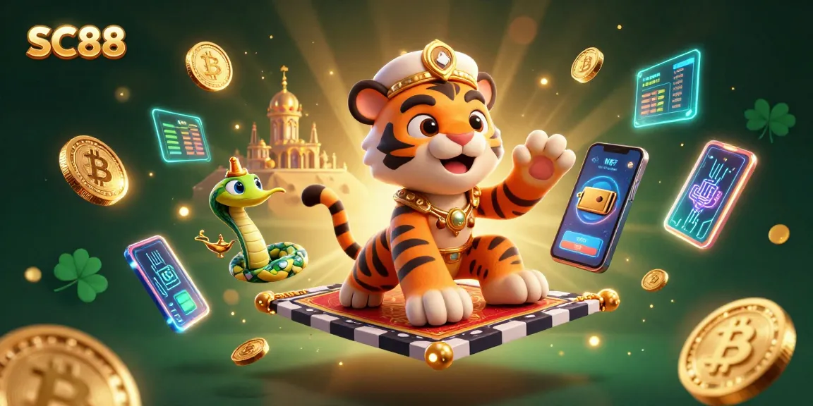 Play and win big at SC88 with our vibrant 3D Arabian Nights casino scene featuring a tiger sultan.