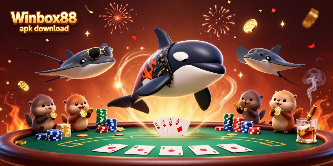 Winbox88 apk download showcasing fun whale, stingray, and sea otters celebrating with casino elements.