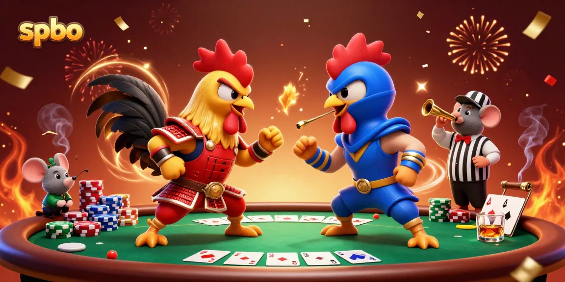 Spbo showcases cartoon fighting roosters on a dynamic poker table, capturing casino energy.