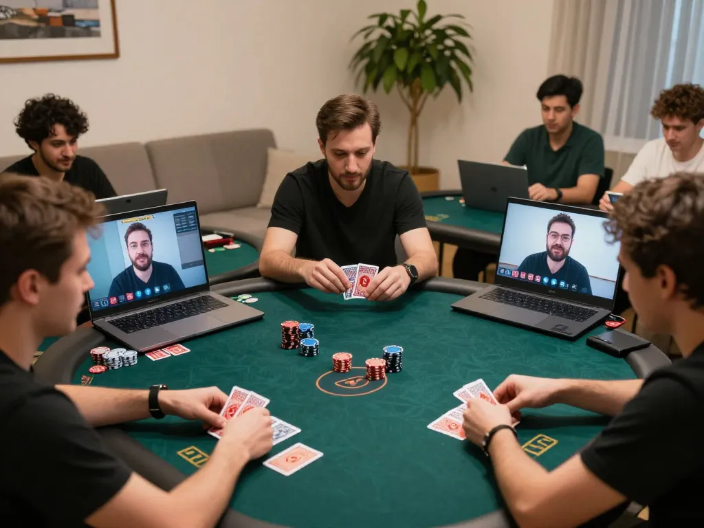 Vin88 players enjoying a competitive online poker game in a cozy home setting