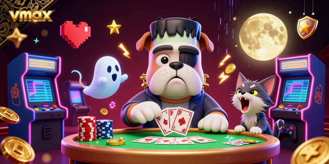 Experience vmax gaming excitement with spooky 3D characters and vibrant casino elements in this unique illustration.