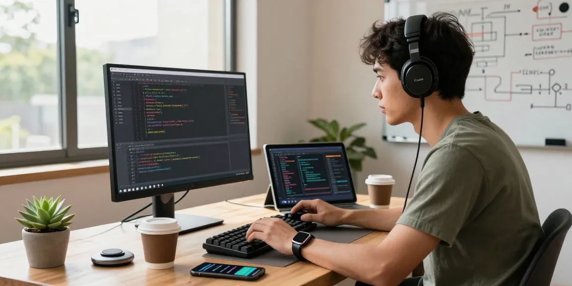 Engineer debugging code at a workspace, showcasing teiegramin.com in a vibrant tech environment with natural lighting and gadgets.