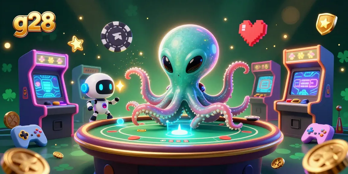Engage with g28's thrilling poker scene featuring an alien octopus and robot in a vibrant casino