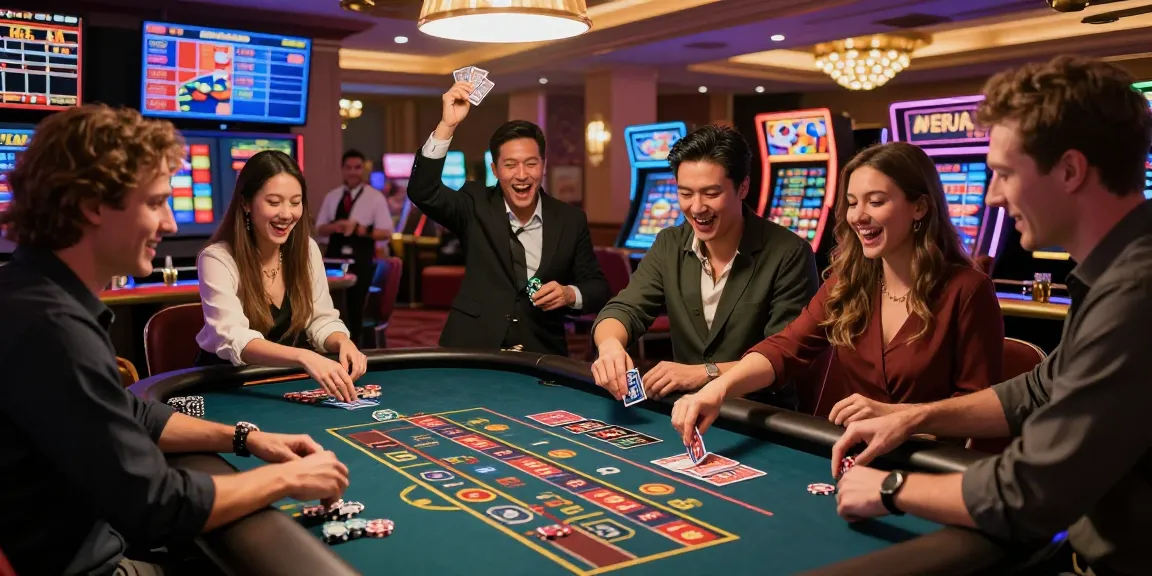 Exciting gaming scene at qs88 casino with players enjoying roulette, vibrant atmosphere, and cheering.