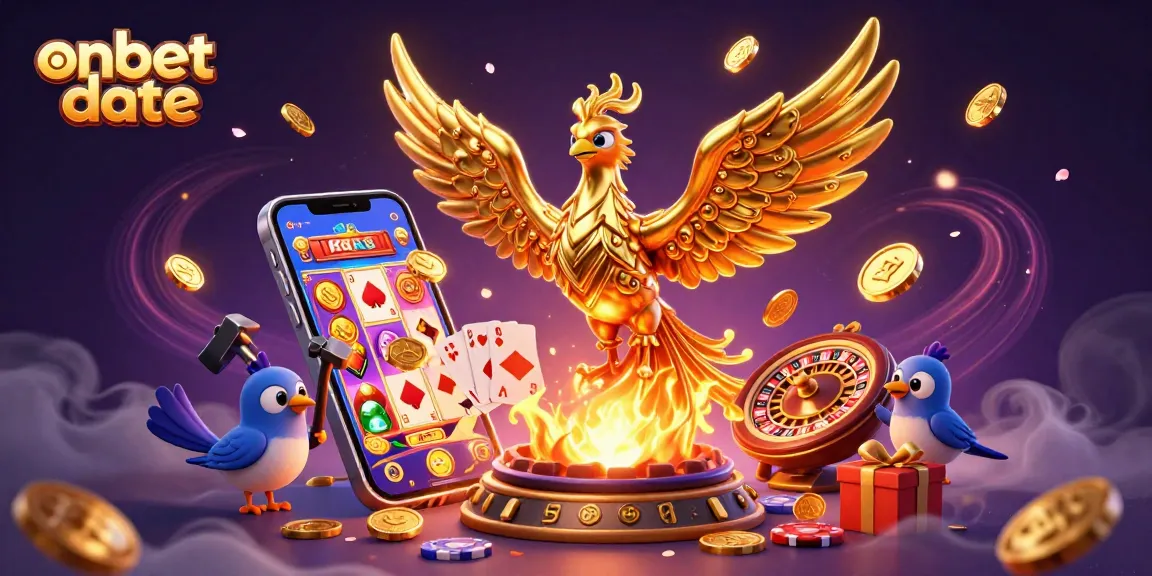 Experience the excitement of onbet date with a vibrant 3D casino scene featuring gold coins and slot games.