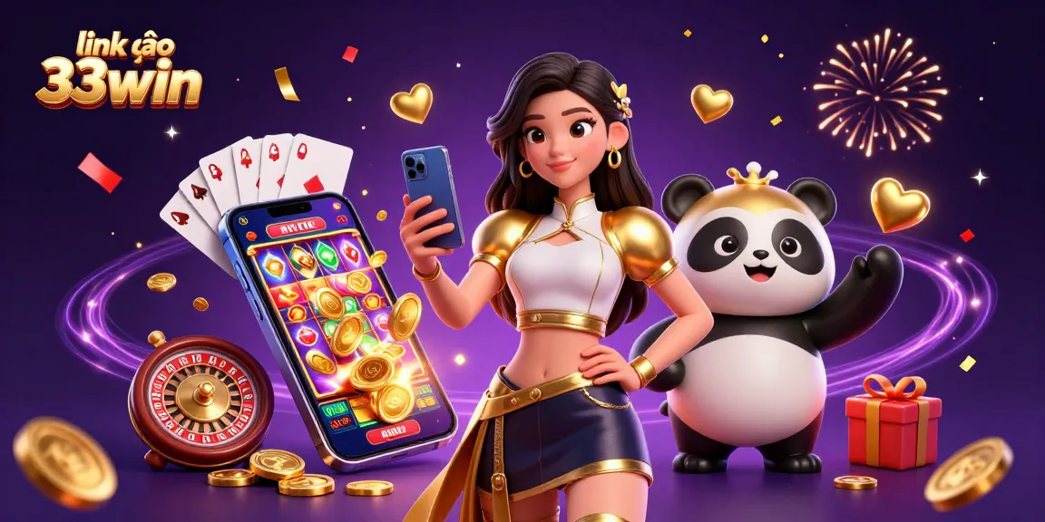 Play colorful slots and win at link vào 33win with a stylish woman and golden panda celebrating.