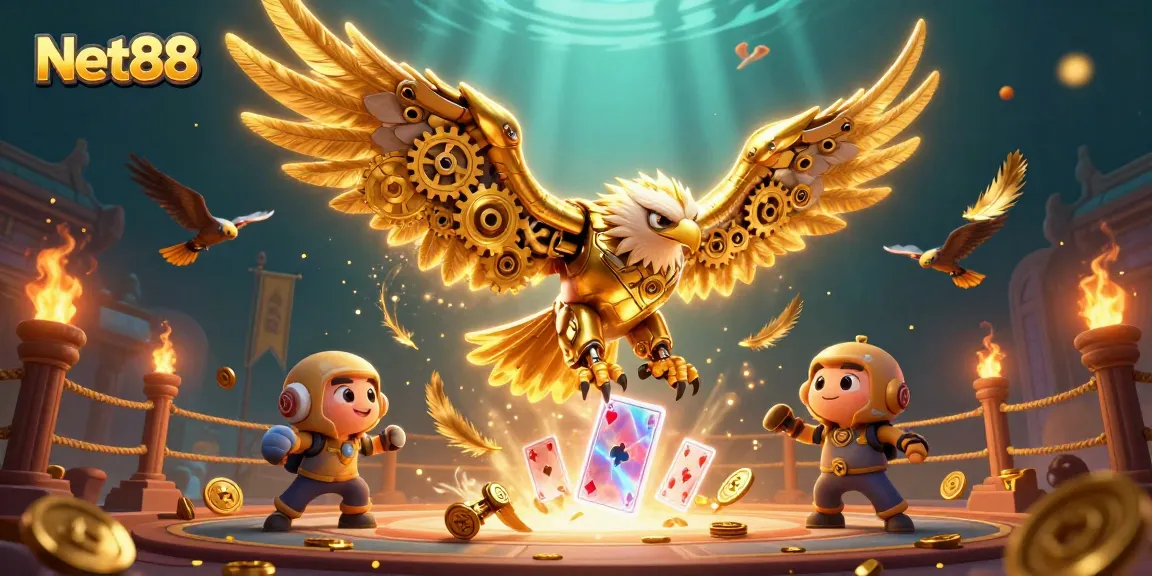 Bet big with Net88 by diving into excitement with a golden eagle amidst casino elements.