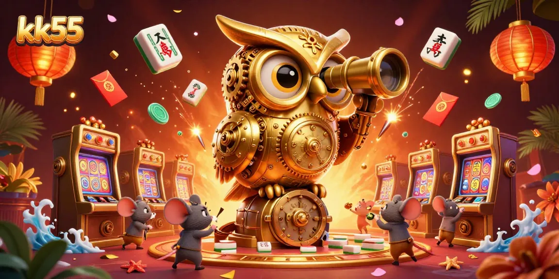 Engage in thrilling games at kk55 with a lively casino scene featuring animated characters and festive elements.
