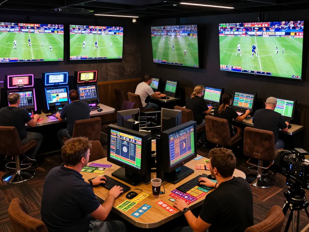 Exciting kèo nhà cái scene with sports bettors engaged in placing wagers at a modern betting lounge.