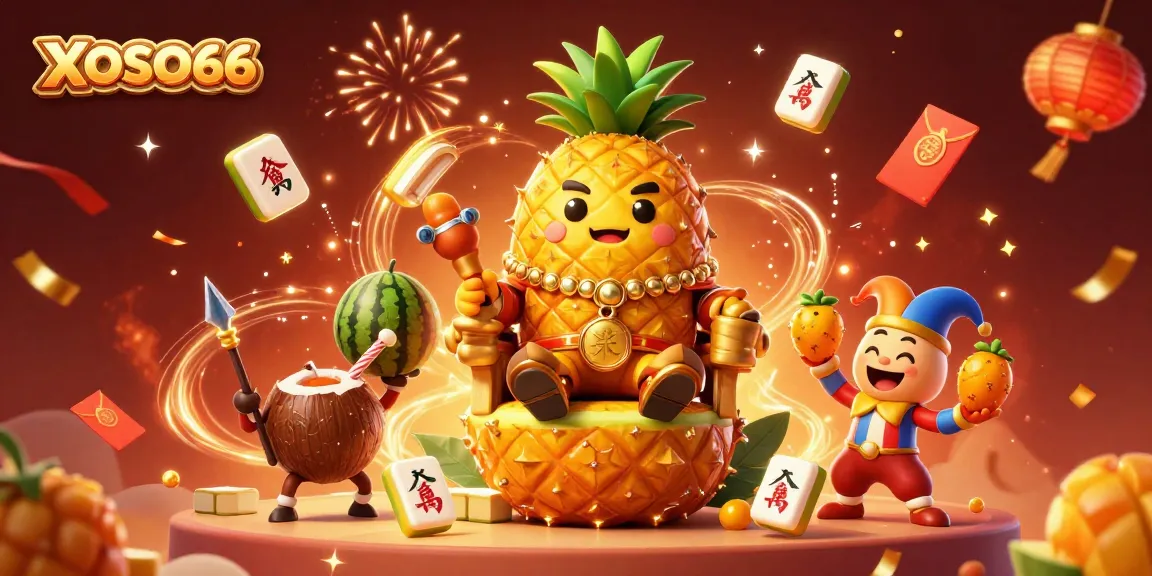 XOSO66 showcases a vibrant 3D casino with a golden pineapple king surrounded by dynamic elements.