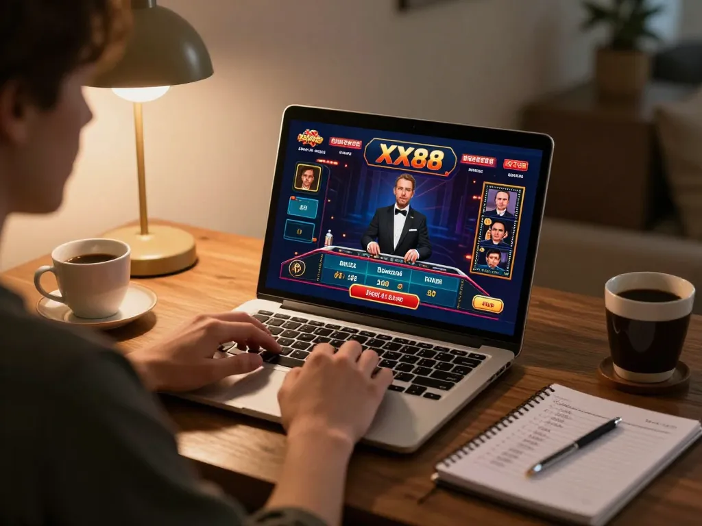 Player engaging with XX88 online casino game on laptop at home, highlighting strategic gameplay.