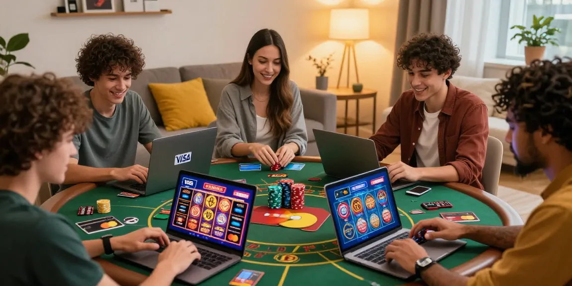 Players enjoying games at credit card casinos with Visa and Mastercard logos in a cozy living room setting.