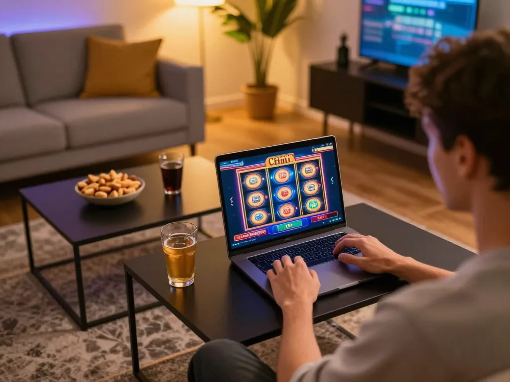 Player interacting with GG88 com online casino interface in a cozy home setting.