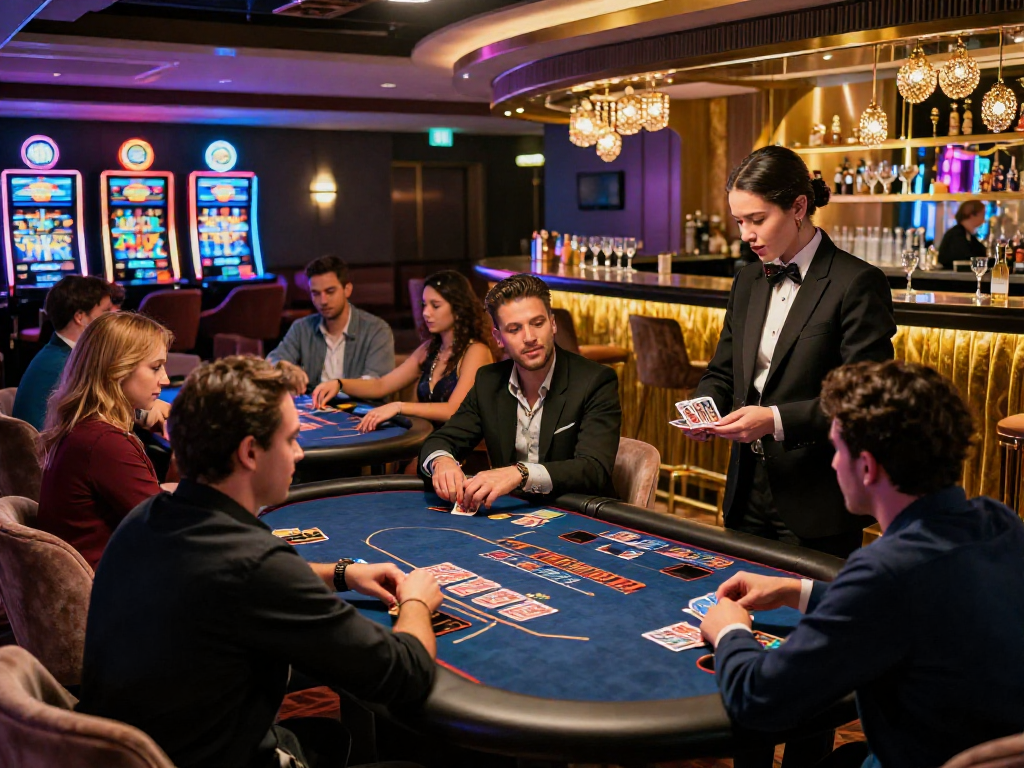 Un ambiente di gioco al casino non aams sicuri con persone felici e luci colorate.