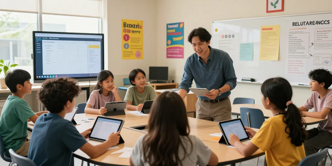 Engaged teacher assisting students with EMStudio, an online teacher planner, in a vibrant classroom setting.