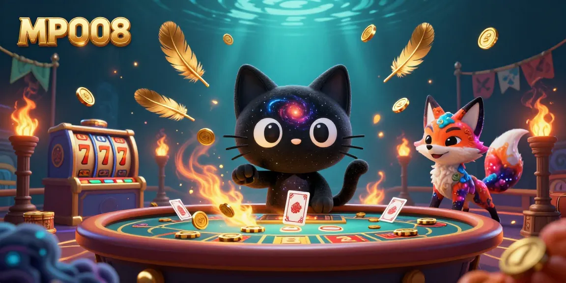 MPO08 casino scene with a cartoon black hole cat and nebula fox, showcasing slots, chips, and vibrant game elements.