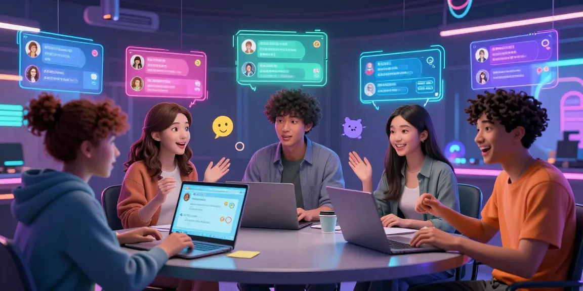 Dynamic AI ecchi chat scene with diverse anime characters and holographic interfaces engaging in lively conversations, showcasing vibrant digital interaction.