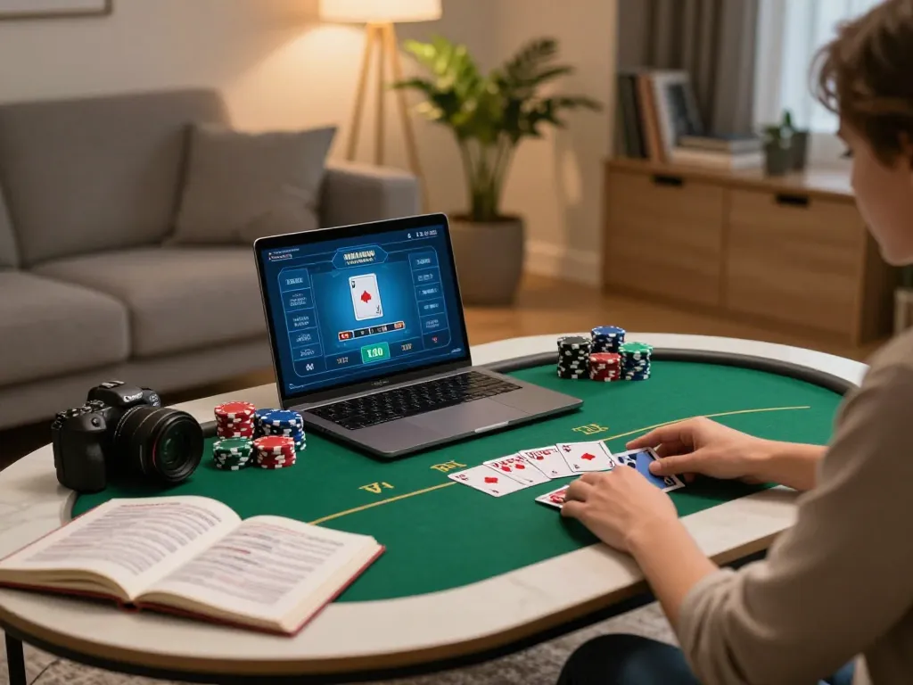 Person playing poker online at home on ee88go, showcasing strategy notes and poker chips.