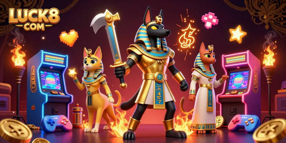 Experience excitement at LUCK8 COM with an ancient Egyptian warrior amidst vibrant casino elements.