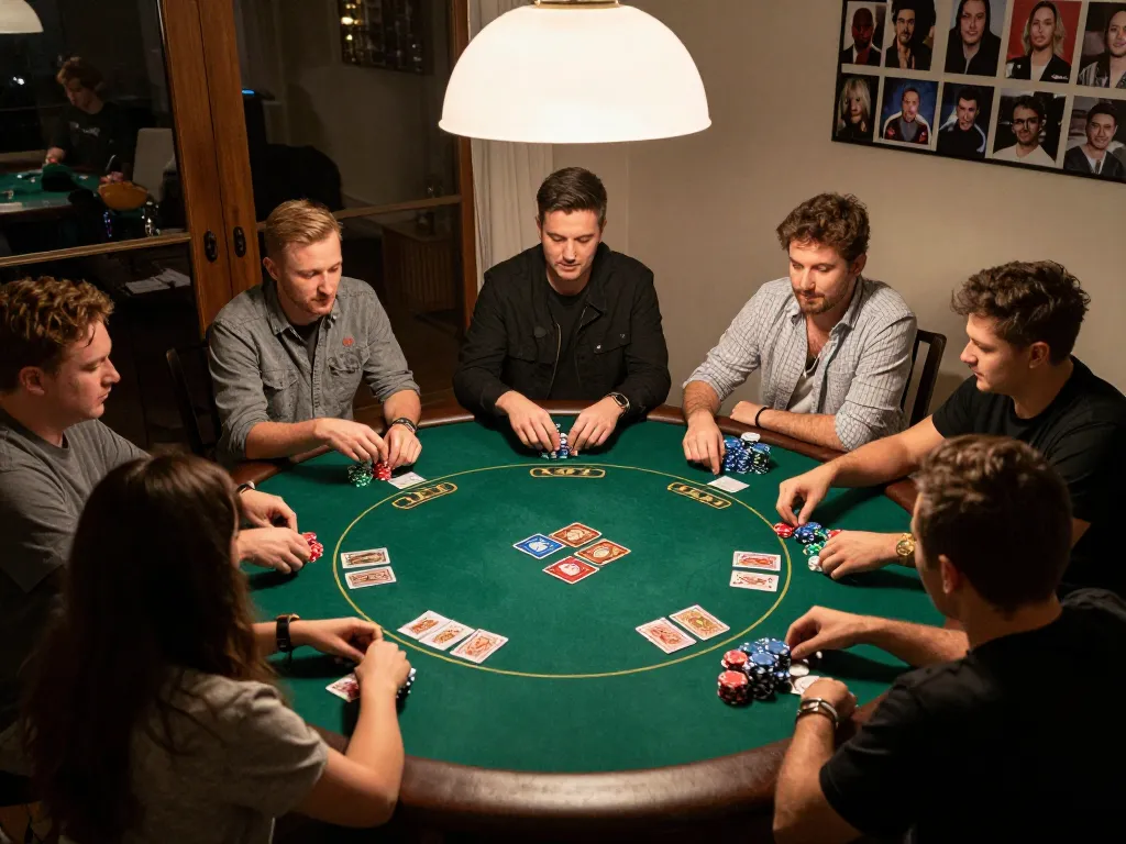 Friends enjoying a strategic poker game at home with 58wiin app for betting insights.