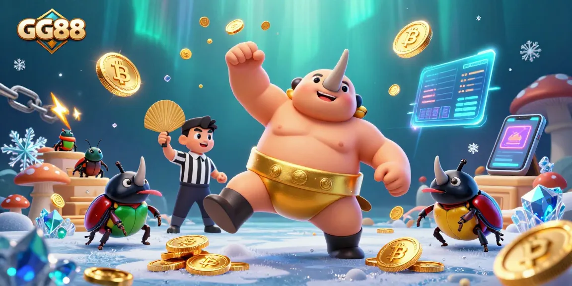 Experience GG88 thrills with a cartoon beetle champion surrounded by crypto and gaming excitement.