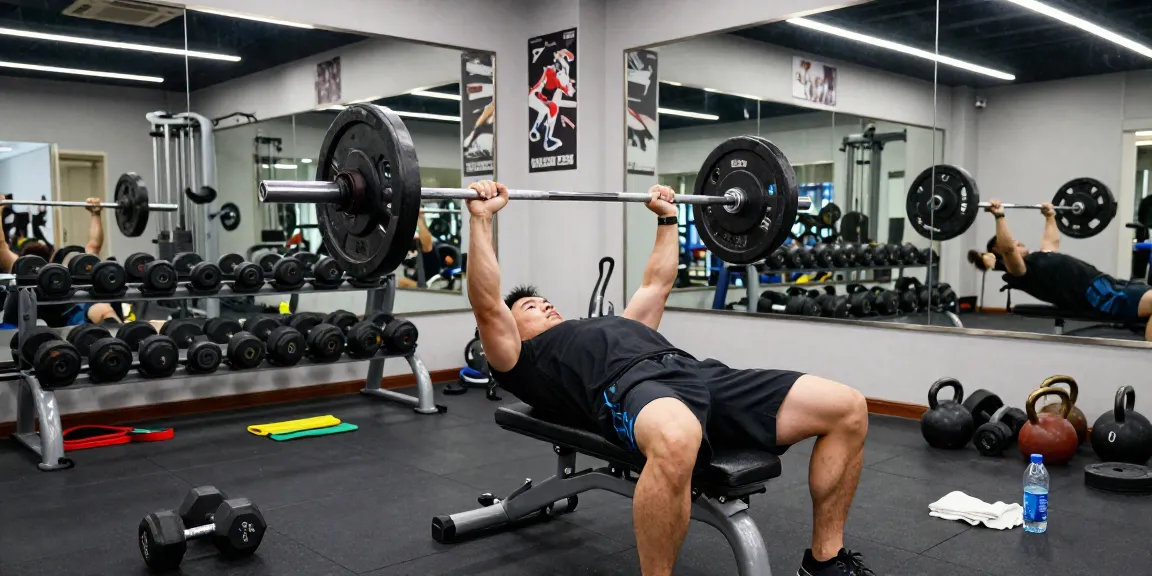 Krafttraining bei Steroidshop mit athletischem Mann, der Gewichte in einer dynamischen Fitnessumgebung drückt