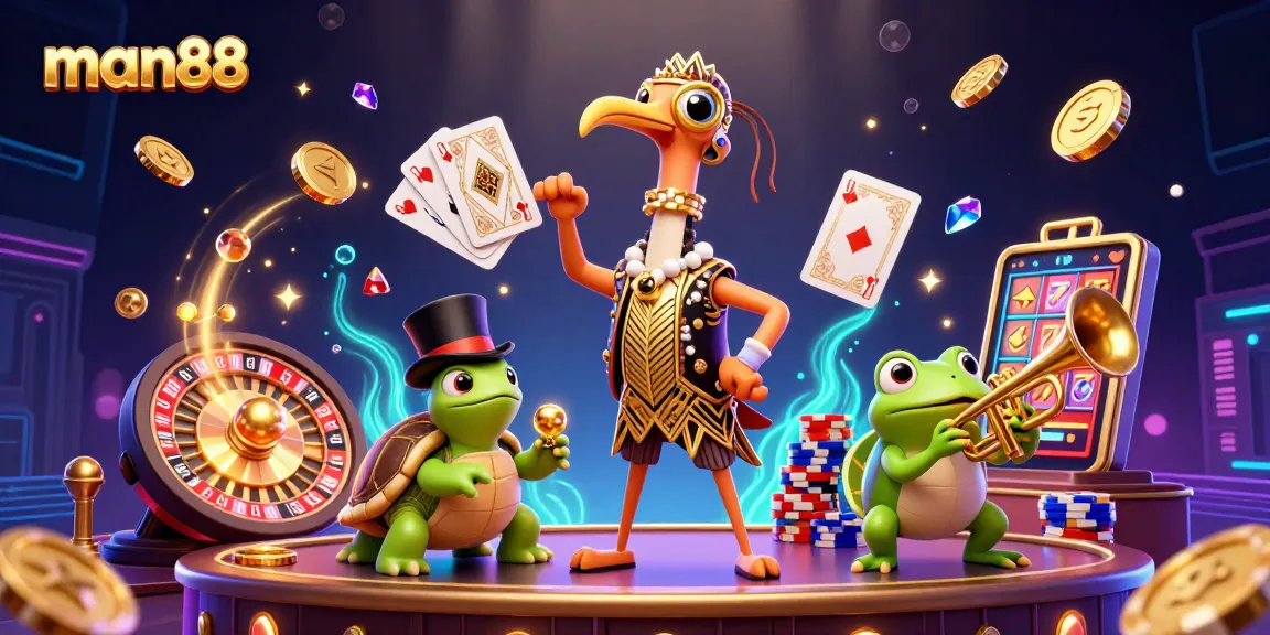 Experience man88 excitement with vibrant 3D casino characters celebrating at a lively roulette table!