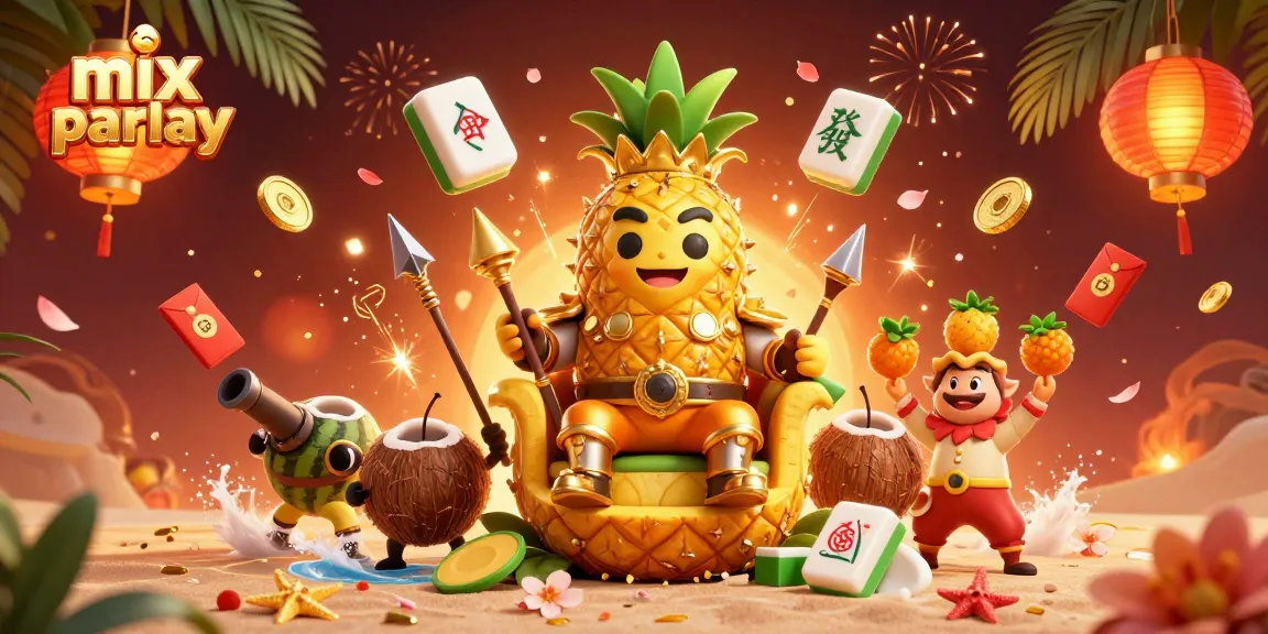 Engage in mix parlay betting with a vibrant scene of a golden pineapple king and colorful characters in a lively casino setting.