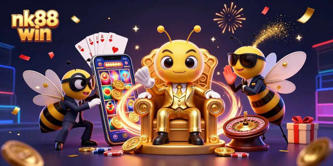 nk88 win offers thrilling casino games with a lively bumblebee mob boss overseeing exciting gambling activities.
