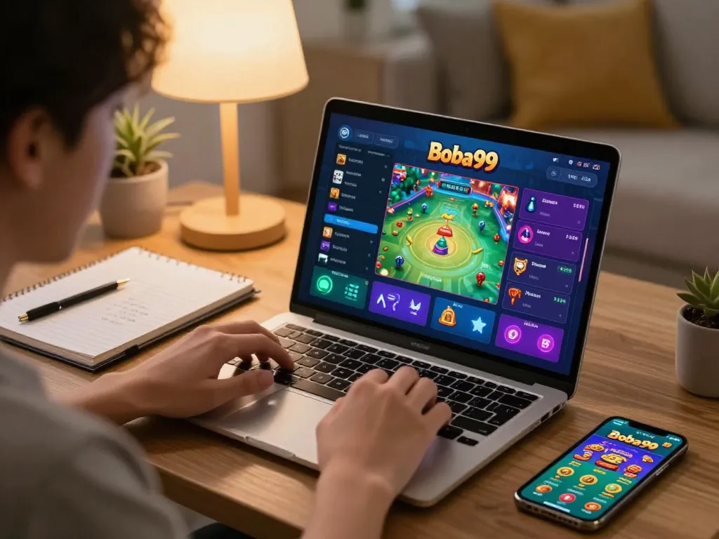Antarmuka Boba99 Login ditampilkan di layar laptop sementara pemain merencanakan dengan catatan, menggambarkan perjudian yang bertanggung jawab.