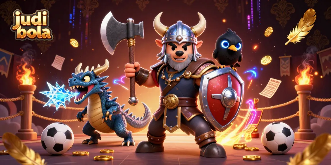 Engage in judi bola with a dynamic scene featuring a Viking wolf warrior, fierce dragon, and glowing raven amidst exciting sports betting elements.