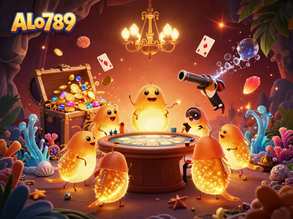 Illuminate your gameplay with ALo789, glowing worms as dealers and vibrant casino elements.