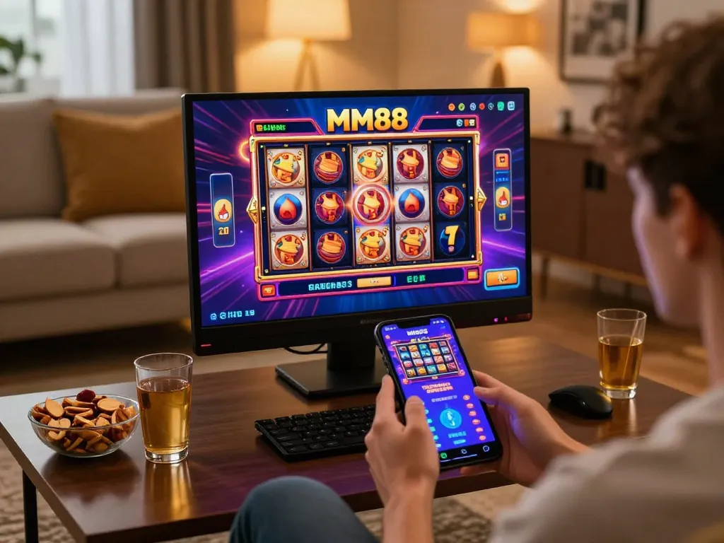 Player spinning the reels on the MM88 mobile app in a cozy living room setting enjoying online gaming