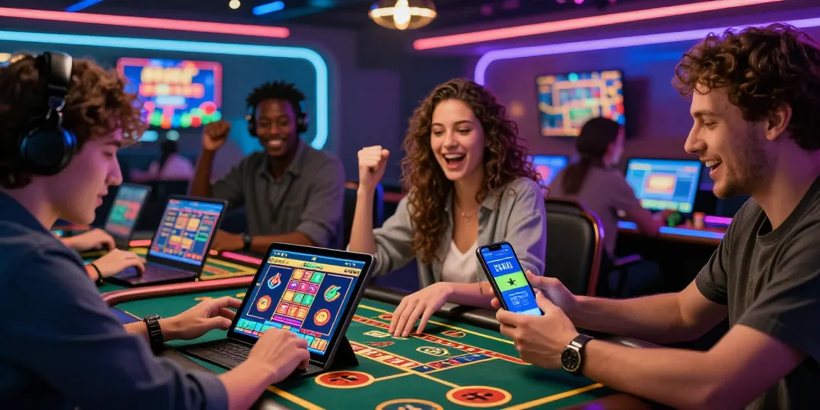 Engagierte Spieler erkunden ein Paysafe Card Casino mit lebhaften Gaming-Grafiken und interaktiven Geräten.
