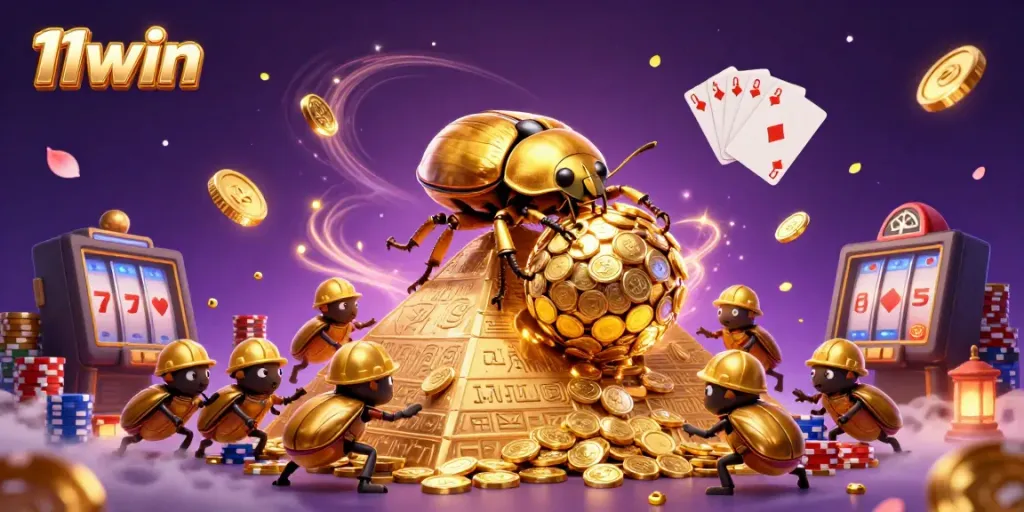Experience the thrill of 11win with a golden beetle rolling coins in a vibrant casino scene.