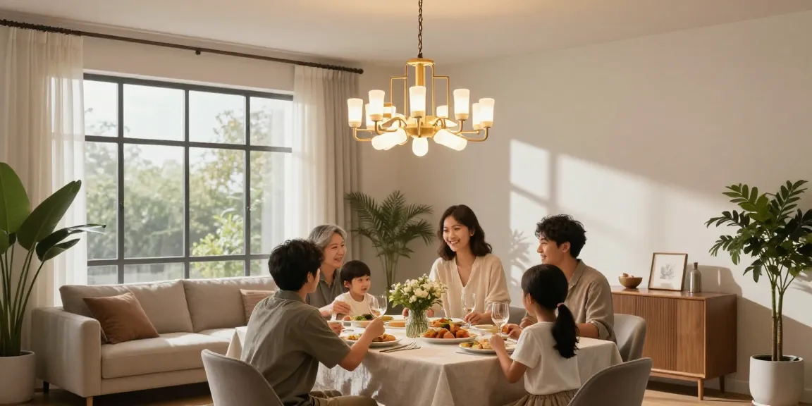 Candelabru LED elegant în living modern, familie la masă, atmosferă primitoare.