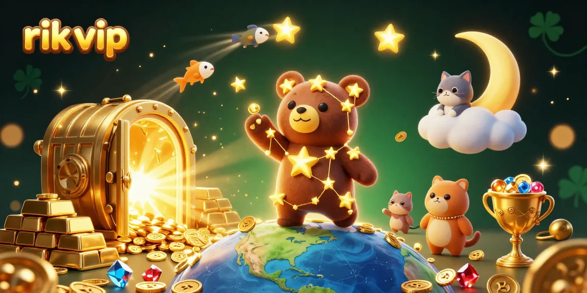Engage with rik vip's gaming universe, showcasing vibrant 3D characters and treasure in an exciting casino-themed scene.
