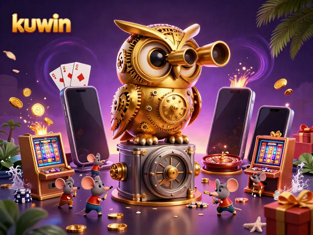 Kuwin's captivating casino atmosphere with a golden owl overseeing a vibrant gaming floor filled with slots and lively characters.
