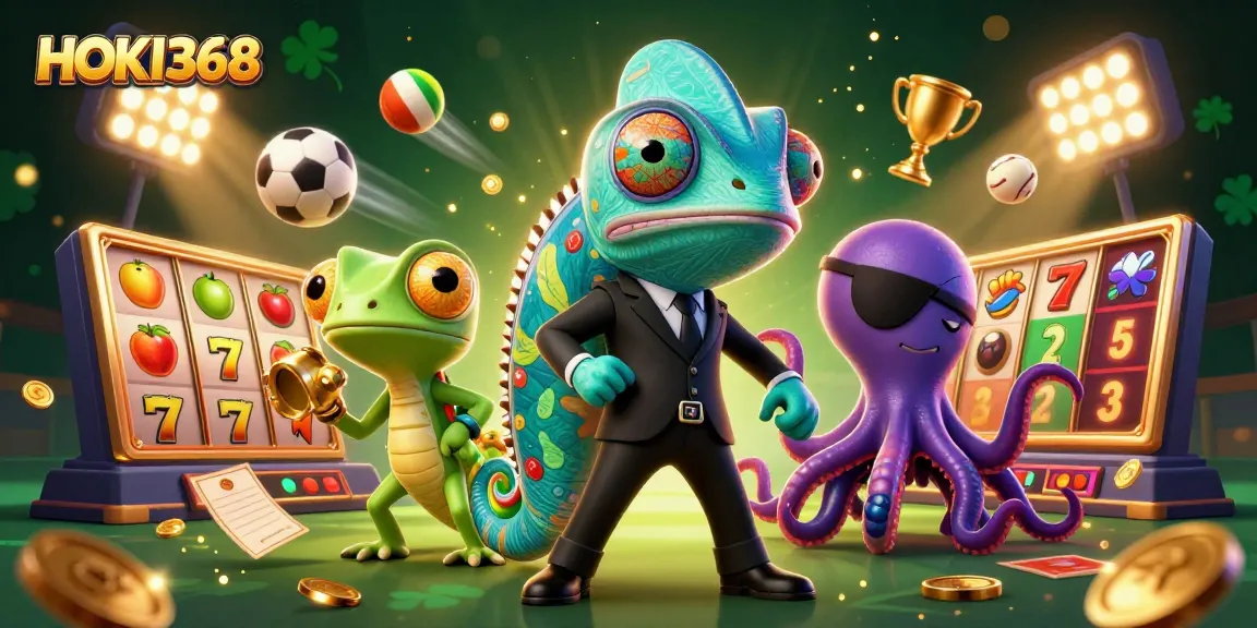 Spin the reels and grab your jackpot at HOKI368 with vibrant slot symbols in a colorful 3D casino scene.