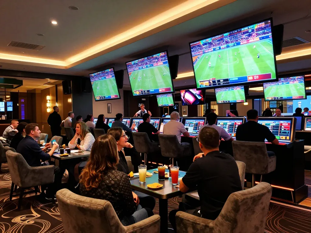 Place bets on exciting live sports at qq8827's upscale betting lounge, highlighting camaraderie and strategy.
