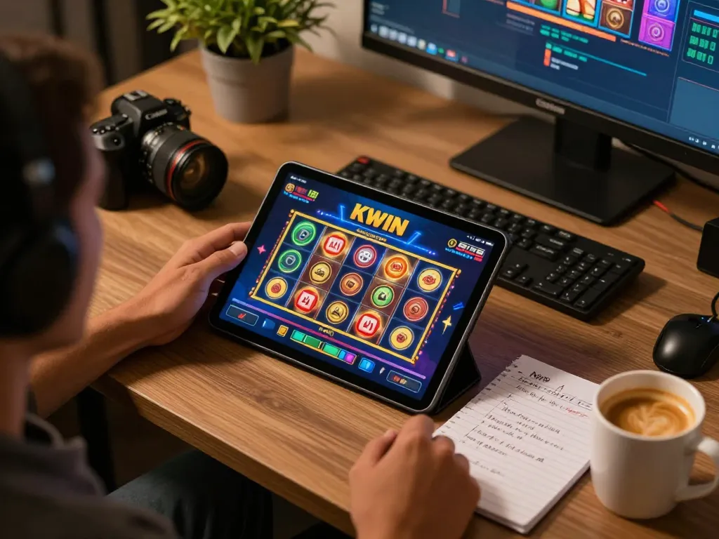 KWIN player engaging in exciting online casino game on tablet, vibrant gameplay and strategic notes visible.