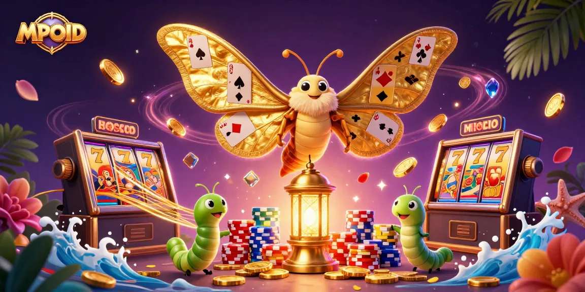 Experience MPOID with engaging animated slot reels and golden casino elements in this vibrant illustration.