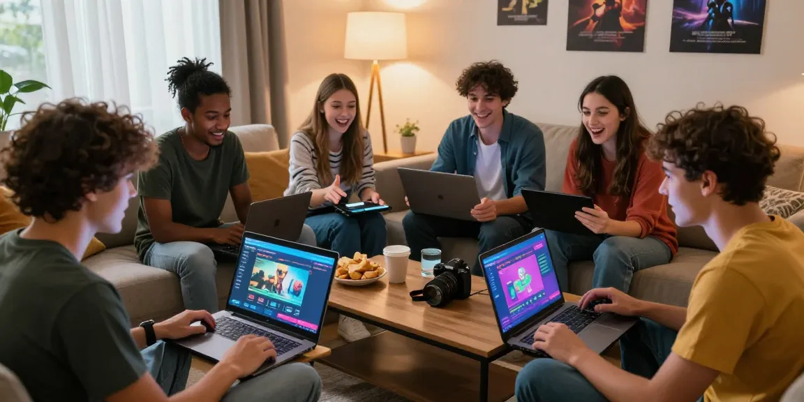 Engaged friends playing html sex games online in a cozy living room setting.