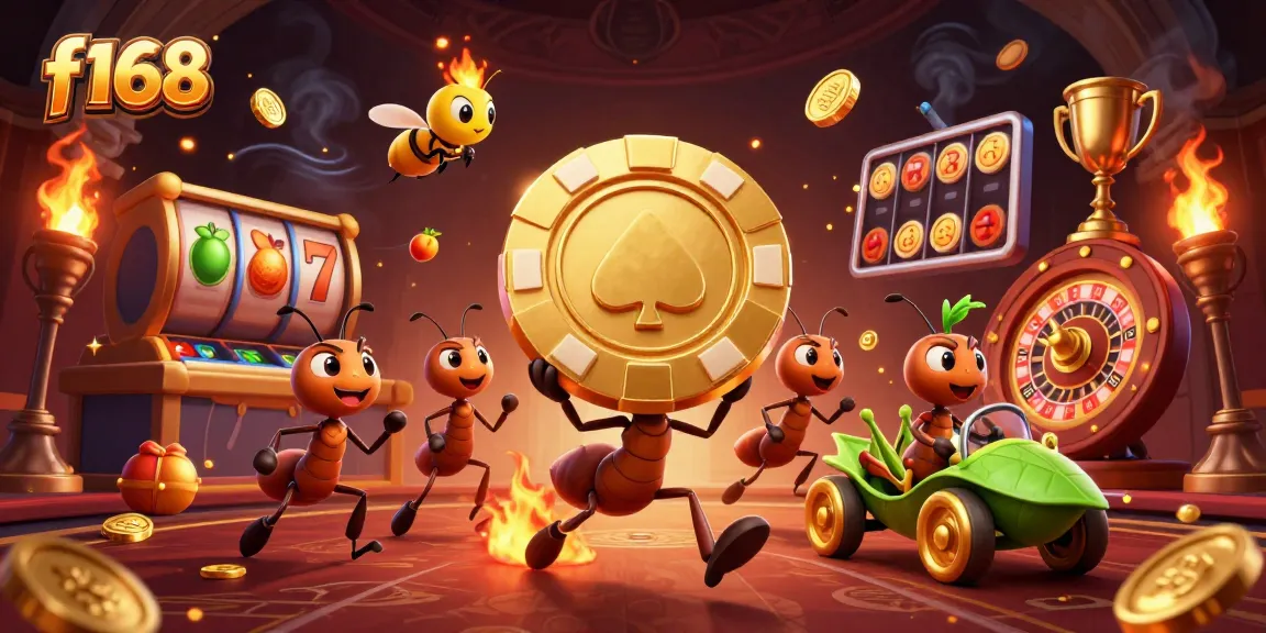 Experience thrilling action with f168 as ants carry a giant poker chip in a vibrant casino heist scene.