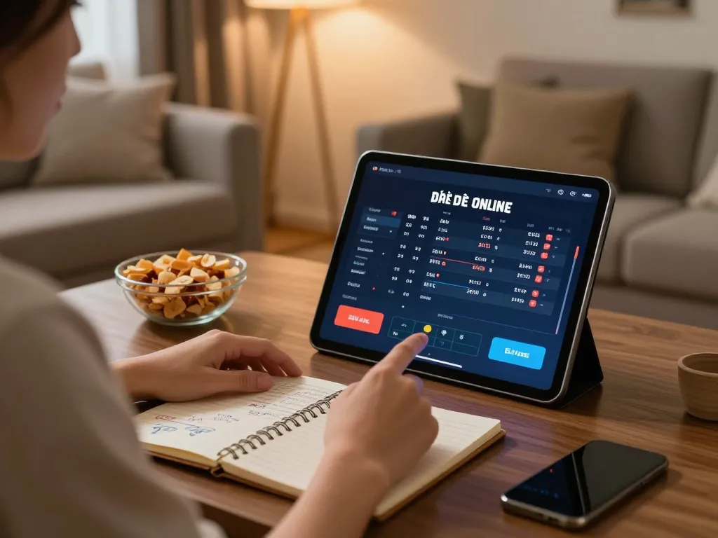 Engaging in đánh đề online with a tablet in a cozy home setting, emphasizing strategic gaming.