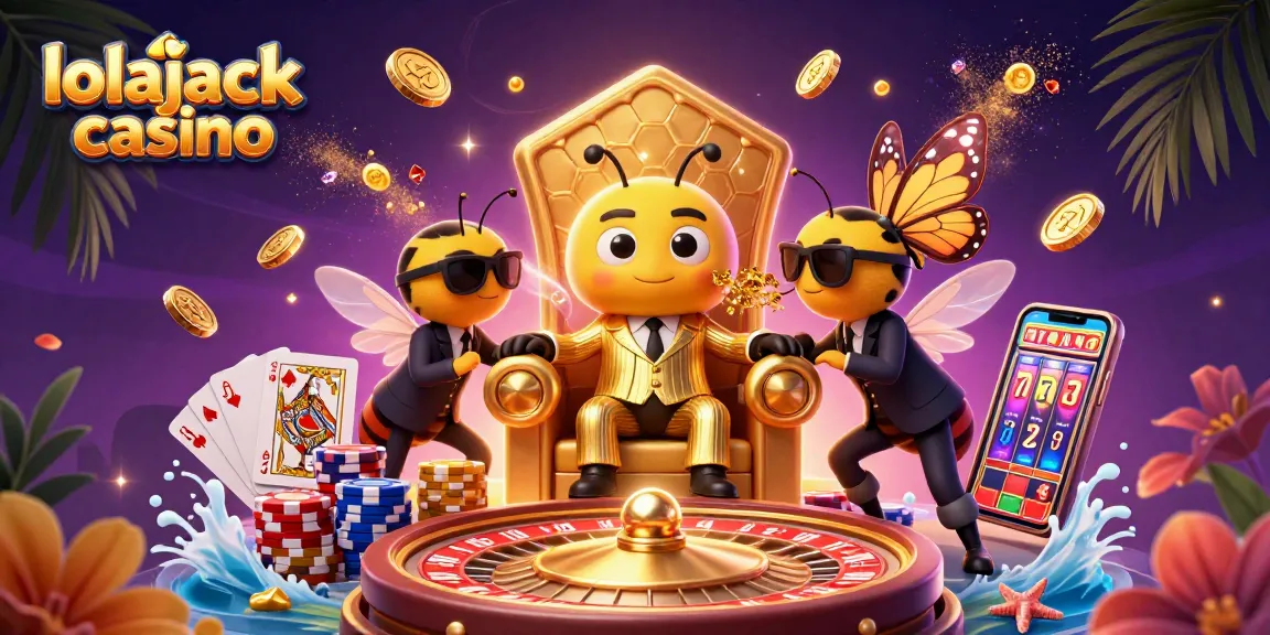 Experience the excitement of lolajack casino with a vibrant 3D illustration showcasing a dynamic gaming scene filled with casino elements.