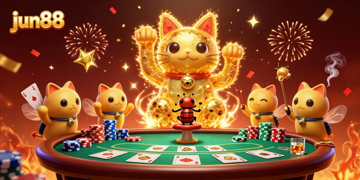 Experience the excitement of casino gaming at jun88 with a vibrant lucky cat illustration.
