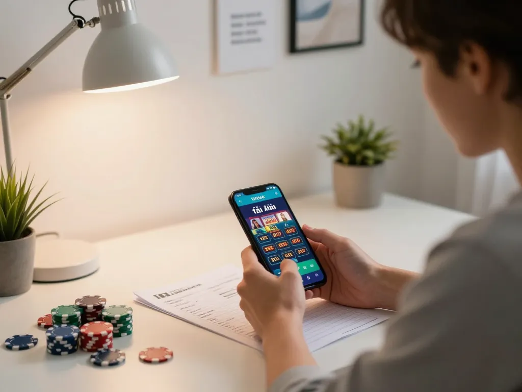 Engaged in app tài xỉu online uy tín gameplay, a player reviews strategy notes while using a mobile device.