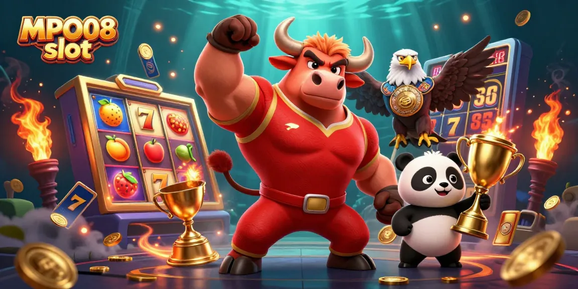 Engage in gaming fun with MPO08 slot featuring a bull mascot, eagle, and panda trophy scene
